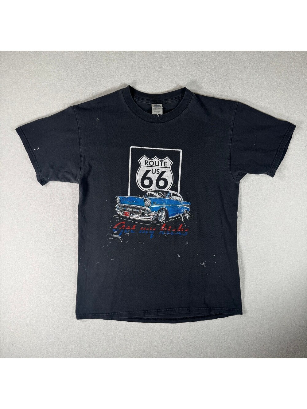 Vintage Route 66 Graphic T-Shirt with Classic Car Design Paint Splattered